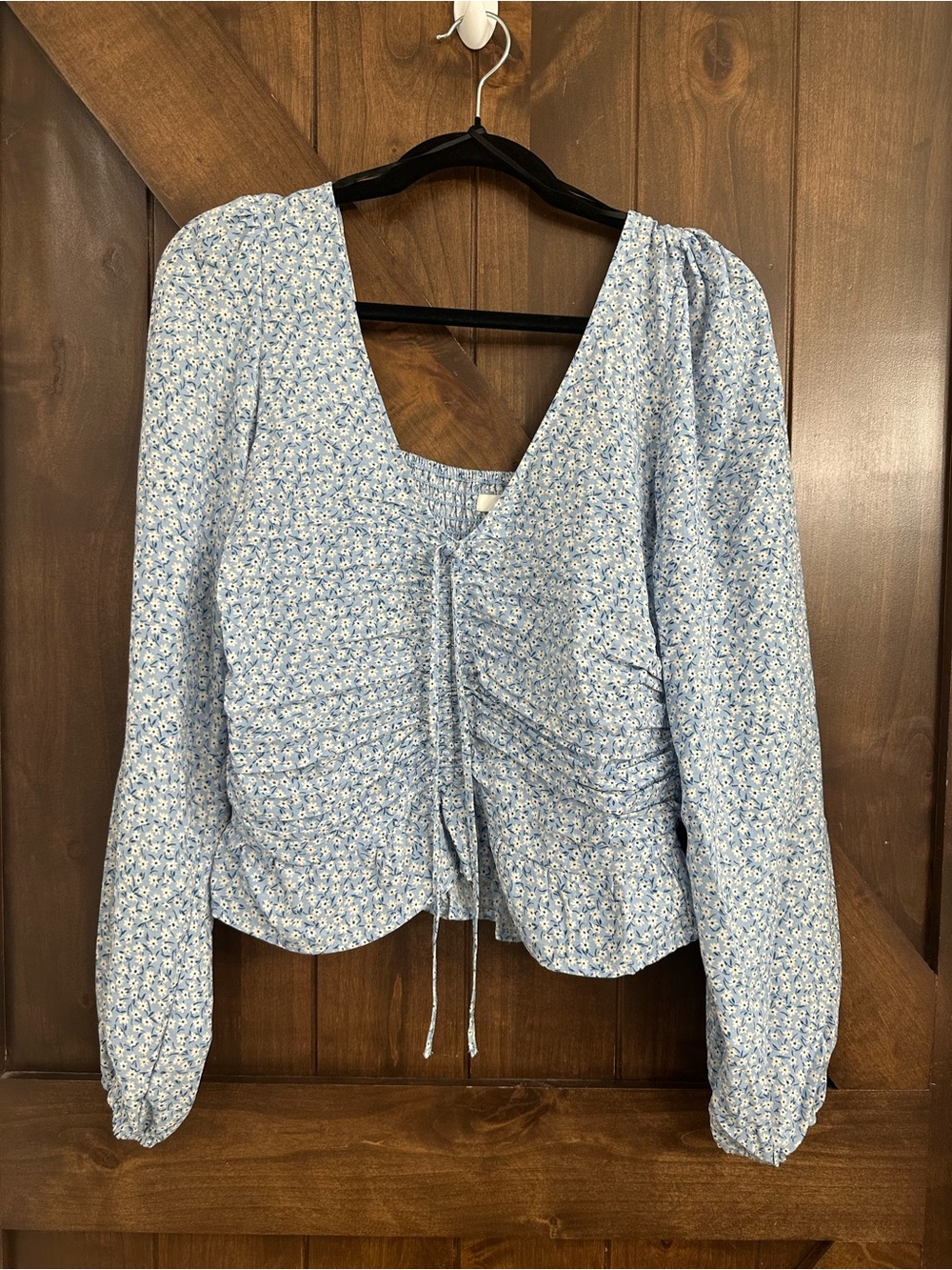 H&M Light Blue Floral Drawstring Square-Neck Blouse